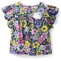 Babyhug 100 % Cotton Knit Frill Sleeves Top with Floral Print - Navy Blue-picture-28