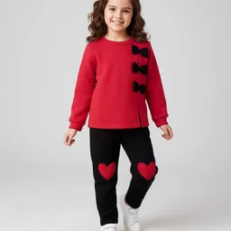 Mark & Mia Fleece Knit Full Sleeves Winter Wear T-Shirt & Lounge Pant Set With Bow Applique & Heart Patch - Red & Black-picture-24