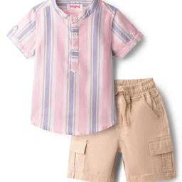 Babyhug Cotton Woven Half Sleeves Striped Shirt & Shorts Set - Beige image 1