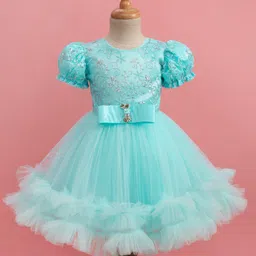 Bluebell Woven Half Puffed Sleeves Party Dress with Embroidery & Sequin Detailing - Aqua Blue image 1