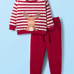 Babyhug Terry Knit Full Sleeves T-Shirt & Lounge Pant with Stripe & Reindeer Patch - Maroon-picture-14