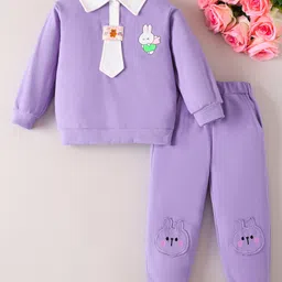 Mark & Mia Full Sleeves T-Shirt & Pant Set With Bunny Print & Embroidery - Purple-picture-12