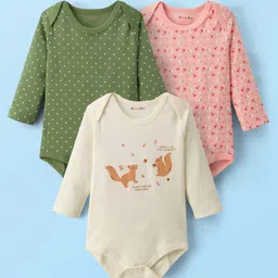 kookie kids india Kookie Kids Interlock Knit Full Sleeves Squirrel & Floral Printed Onesies Pack of 3 - Beige Green & Pink-picture-11