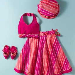Exclusive from Jaipur Cotton Woven Halter Neck Sleeveless Choli Striped Lehenga Set With Cap & Booties - Fuschia-picture-16