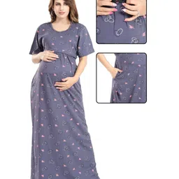 Fabme Sinker Knit Half Sleeves Geometric Printed Maternity Nighty With Horizontal Zipper Nursing Access - Grey-picture-16