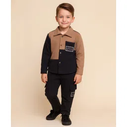Little Marine Cotton Knit Full Sleeves Colour Blocked Solid Shirt With Cargo Pant Set - Beige & Black-picture-12