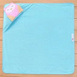 Babyhug Terry Woven Hooded Towel & Wrappers Owl Patch  L 76 x B 76 cm - Aqua Blue image 2