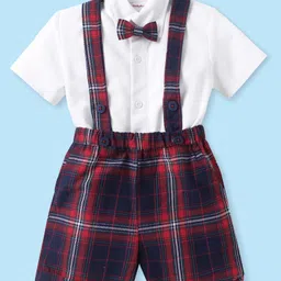Babyhug Woven Half Sleeves Solid Color Shirt with Checkered Shorts with attached Suspender & Bow - White Navy & Red image 2
