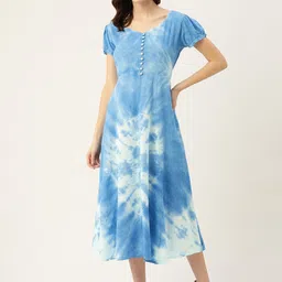 PinkTribe Women Tie and Dye Dyed Puff Sleeve Fit & Flare Midi Dress-image-98