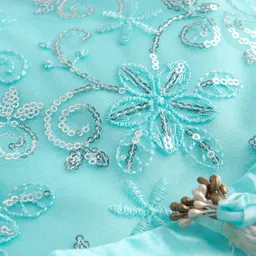 Bluebell Woven Half Puffed Sleeves Party Dress with Embroidery & Sequin Detailing - Aqua Blue image 4