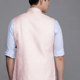 Manyavar Men Peach-Coloured Ethnic Motifs Woven Design Nehru Jacket image 4