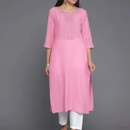 Libas Pink Cotton Embroidered Straight Kurta-image-0