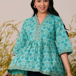 Libas Turquoise Cotton Floral Print A Line Kurti-picture-31