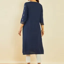 Soch Navy Blue Rayon Foil Print Round-Neck Straight Kurta image 2