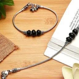 Aatmana Silver-Toned & Stone Beaded Oxidized Anklets - Set of 2 image 2