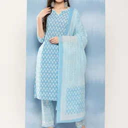 Yufta Women Blue Ethnic Motifs Printed Regular Thread Work Pure Cotton Kurta with Trousers & With Dupatta image 2