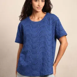 Vero Moda Blue Cotton Regular Fit Embroidered T-Shirt-picture-38