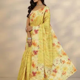Libas Yellow Floral Print Saree With Unstitched Blouse image 3