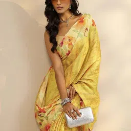 Libas Yellow Floral Print Saree With Unstitched Blouse image 4