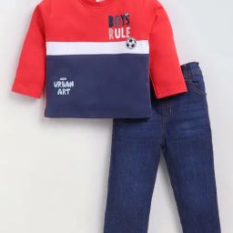 Dollar Kids Red & Blue Printed Full Sleeves T-Shirt with Jeans-picture-49
