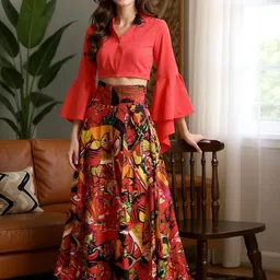 SZN Women Embroidered Shirt Collar Neck Crop Top With Skirt Co-Ord Set-picture-13