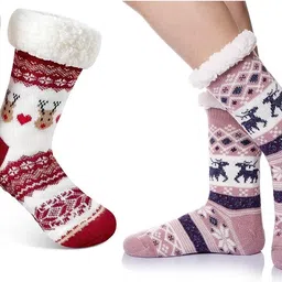 starvis Women/Men Winter fluffy Snowflake Fleece white soft terry fur Lining Knit Cabin Warm Fleece Thick thermal Warm Christmas Slipper Socks image 1