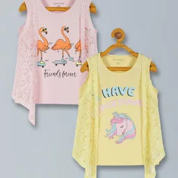 Plum Tree Pack Of 2 Sleeveless Unicorn Printed Tees With Attached Shrug - Yellow & Pink-picture-10