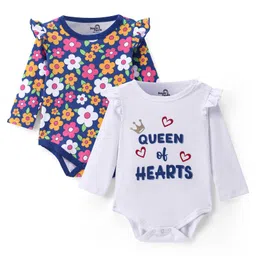 Doodle Poodle 100% Cotton Knit Full Sleeves Onesie Floral & Text Print Pack Of 2 - White & Navy Blue-image-31
