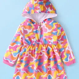 Babyhug Cotton Knit Full Sleeves Hooded Winter Frock with Abstract Print - Pink-image-67