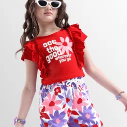 Ollington St. Cotton Knit Half Sleeves Top & Shorts Set with Frill Detailing & Floral Print - Red & Lavender-picture-17