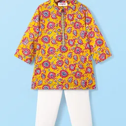 Babyhug Cotton Woven Mandarin Collar Full Sleeves Kurta Pajama Set With Floral Print - Yellow-picture-13