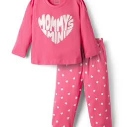 Babyhug Cotton Knit Full Sleeves Night Suit with Mommy's Mini & Heart Print - Pink-picture-11