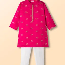 Babyhug Chanderi Woven Full Sleeves Kurta Pajama Set With Animal Embroidery & Sequin Detailing - Fuschia-picture-38