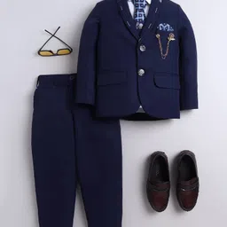 BT DEZINES Cotton Blend Woven Full Sleeves Solid 4 Piece Party Suit Set With Tie - Navy Blue-picture-31