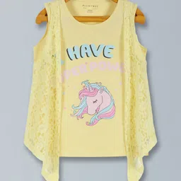 Plum Tree Pack Of 2 Sleeveless Unicorn Printed Tees With Attached Shrug - Yellow & Pink image 3