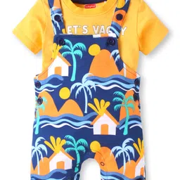 Babyhug Single Jersey Knit Half Sleeves T-Shirt & Dungaree with Beach Theme &Lets Vacay Text Print - Yellow & Navy Blue image 2