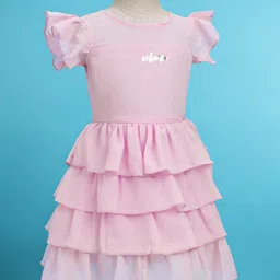 Enfance Cap Sleeves Brand Name Foil Printed Layered Knee Length Dress - Pink image 2