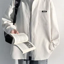 KPOP Men Original Oversized Regular Fit Textured Spread Collar Cotton Casual Shirt image 3