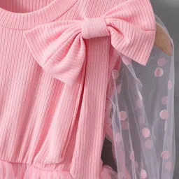 Kookie Kids Full Peasant Sleeves Net Party Dress with Bow Applique - Pink image 5