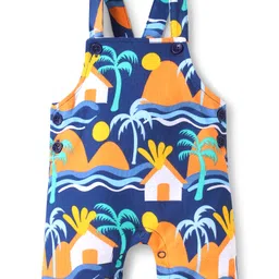Babyhug Single Jersey Knit Half Sleeves T-Shirt & Dungaree with Beach Theme &Lets Vacay Text Print - Yellow & Navy Blue image 5