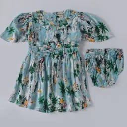 Bella Moda Kids Sky blue Printed Fit & Flare Dress with Bloomers-picture-27