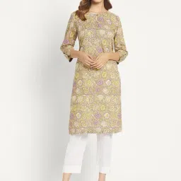 Fabindia Yellow& Grey Cotton Floral Print Straight Kurta-picture-14