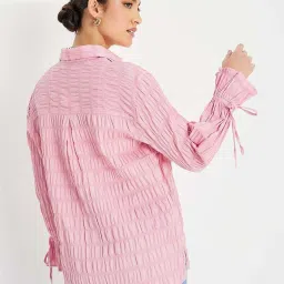 Styli Pink Textured Oversized Longline Shirt With Buttons image 2