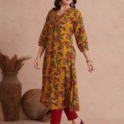 Kami Kubi Yellow Cotton Regular Fit Floral Print Kurta image 3