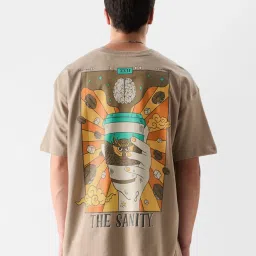 The Souled Store TSS Originals: Sanity In A Cup Dark Beige Loose Fit Printed Oversized Crew T-Shirt image 2