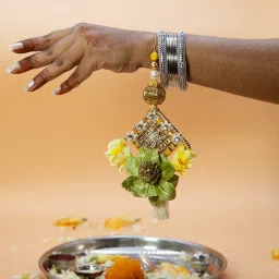 Fida Designer Handmade Yellow & Green Floral Lumba Rakhi & Roli Chawal for Unisex - Set of 2 image 2