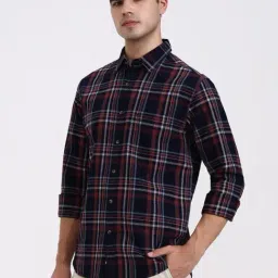 Greenfibre Navy Blue & Red Slim Fit Checked Shirt image 3