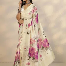 Libas Off White Floral Print Saree With Unstitched Blouse image 3