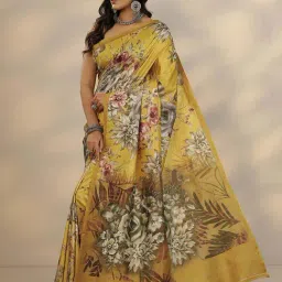 Libas Yellow Floral Print Saree With Unstitched Blouse image 3
