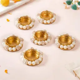 Nestasia Handmade Artificial Champagne Pearl Tealight Candle Holders for Decoration (Set of 6)-picture-37